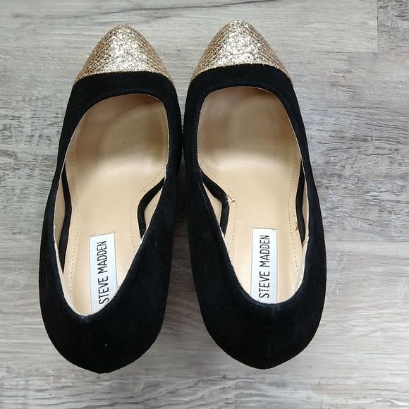 Steve Madden Black Suede and Gold Platform Heels - Picture 8 of 12